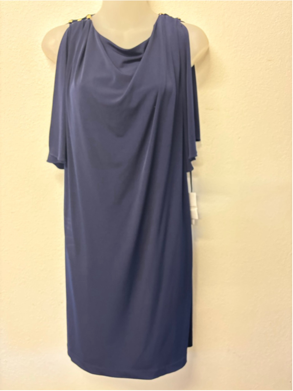 Jessica Simpson Navy Gold Shoulder Hardware Cowl Neck Open Sleeve Dress Size 12